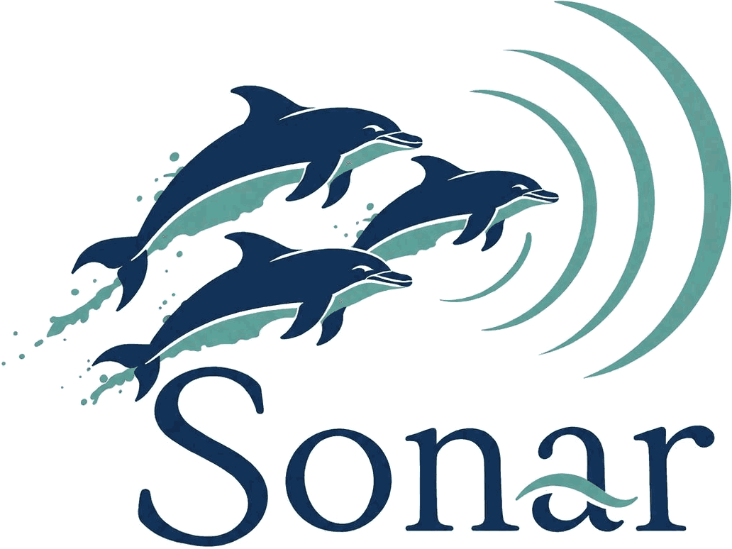 Sonar: three dolphins leaping through sonar arcs